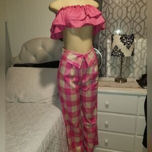 Pink Plaid Fashion Wide Leg Pants  High Waist Straight Casual Pants and top